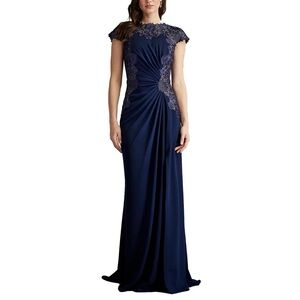 Tadashi Shoji Chelan Embroidered Illusion Gown  In Blue Midnight Size 14